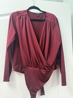 Express Women's Deep Red Wrap-Front Long Sleeve Bodysuit